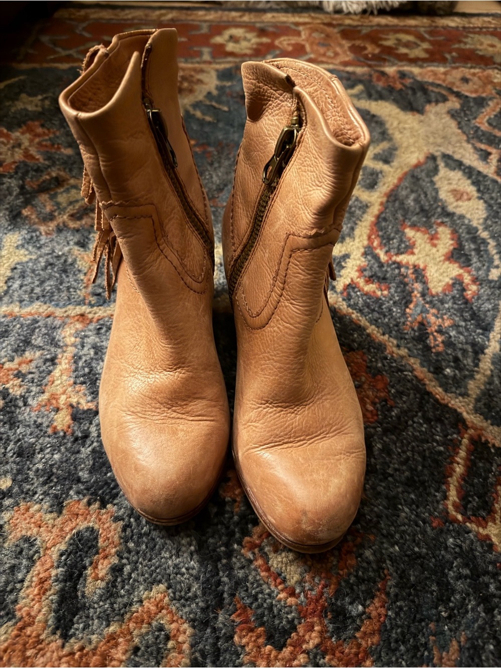 Sam Edelman Tan Leather Fringe Ankle Booties with Side Zip